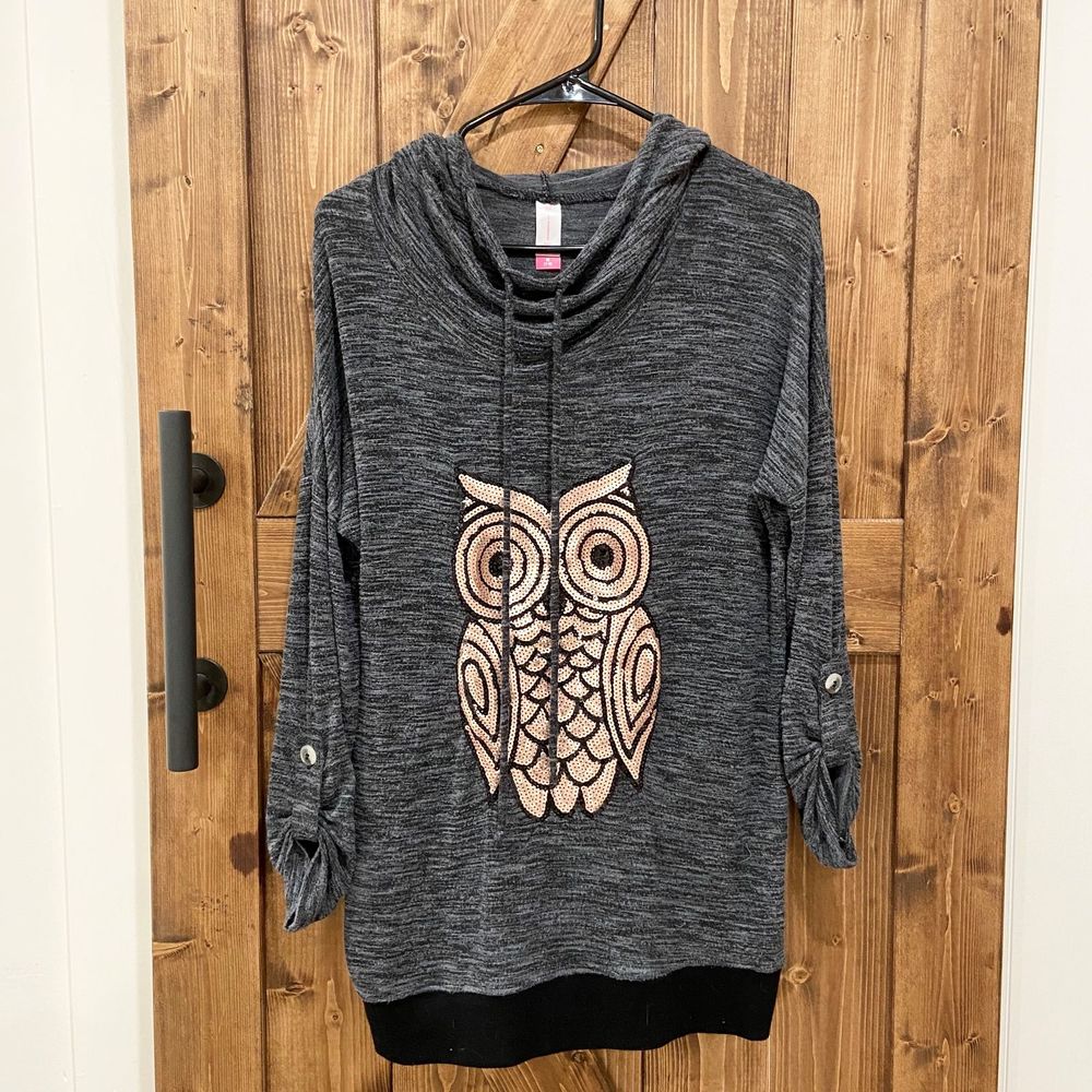 Sequin Owl Burnout Hooded Sweatshirt Top Gray M